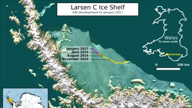 The current location of the rift on Larsen C, as of January 2017. Labels highlight significant jumps. Tip positions are derived from Landsat (USGS) and Sentinel-1 InSAR (ESA) data. Background image blends BEDMAP2 Elevation (BAS) with MODIS MOA2009 Image mosaic (NSIDC). Other data from SCAR ADD and OSM.