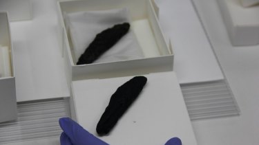The charred scroll from En-Gedi with its fascimile, which was 3-D printed from the micro-CT scan that led to the discovery of the biblical text inside. 