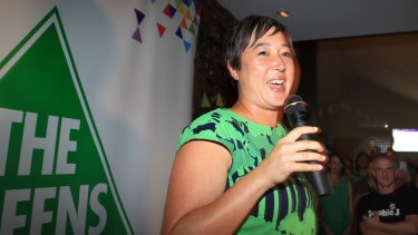 Newtown MP Jenny Leong celebrates her win at the 2015 NSW election.