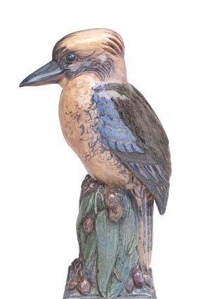 Lot 191 from the estate of Marvin Hurnall, a Maude O'Reilly (1886-1971) slip cast, hand-finished, glazed earthenware figure of a kookaburra with gumnuts and leaves, 1926. Estimate: $5000-$8,000.