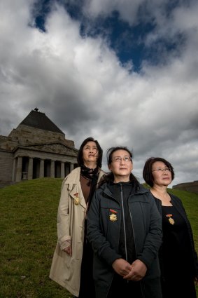 Ruth Zhai, Kathy Xue and Qifang Wang are among the descendants of Chinese war veterans who will march.