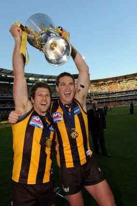 Celebrating his 2008 Premiership win with team mate Trent Croad.