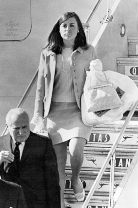 Sue Holt alighting from the royal jet in Melbourne, December 1967, to attend her uncle's memorial service.