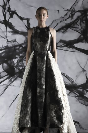 Wool and silk brocade dress with silk chiffon, jersey and laser-cut rayon flowers, autumn/winter 2013. From Maticevski: The Elegant Rebel. 
