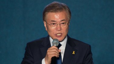 Moon Jae-in, president-elect of South Korea, delivers his victory speech.
