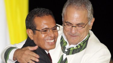 East Timorese President Taur Matan Ruak, left, embraces his predecessor Jose Ramos-Horta during his inauguration ceremony in Dili, East Timor, in 2012.