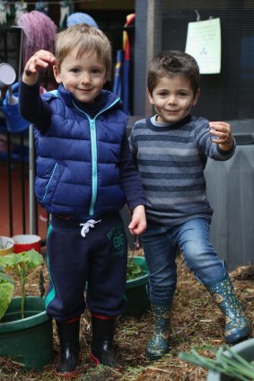 Sustainable living practices: (Left to right) Aleksander and Kai Miceli holding worms from the worm farm.