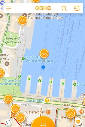 A screenshot of the Obike app, showing a bike located in the path of the Taronga Zoo ferry.