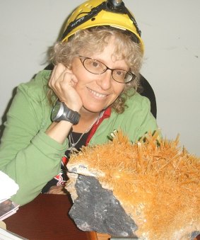 Dr Penelope Boston with gypsum crystals from Naica Cave in Mexico.