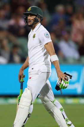 Disappointed: Faf du Plessis walks off after being dismissed by Mitchell Starc in his second dig.