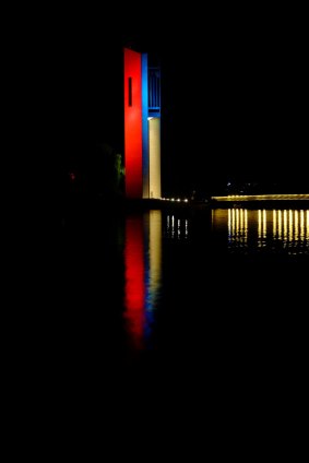 The Carillion at Lake Burley Griffin lit up in the colours of the French flag after the terrorist attacks in Paris on November 13.