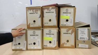 Murder files in the office of Surry Hills police station. It is the first time the cases have been reviewed for bias and to figure whether they are gay-hate related. 