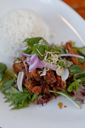 Larb crispy chicken on rice at Jinda Thai.