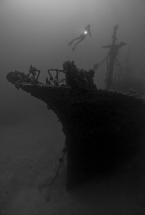 A diver checks out one of many shipwrecks around the Solomons.
