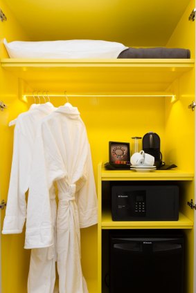 The wardrobe in a guest room at Coppersmith Hotel, South Melbourne.