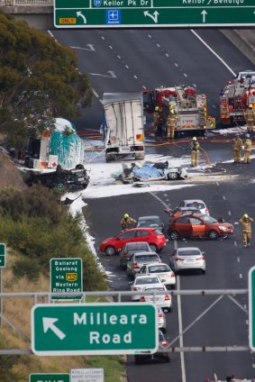 The Calder Freeway crash involving a petrol tanker, truck and several cars.