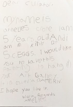 The letter Annelies wrote to the Art Gallery of NSW as a five-year-old. 