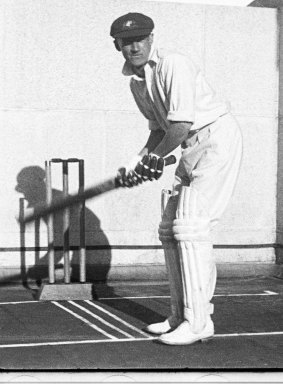 Donald Bradman during the upswing of his bat lift.