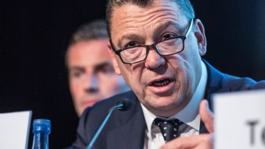 Grant Fenn, CEO of Downer, speaks during question time at the company's AGM in 2016.