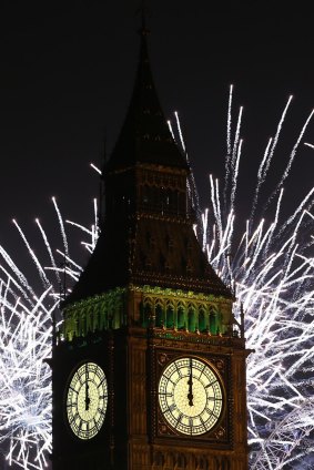 Fireworks light up the London skyline and the Elizabeth Tower just after midnight on January 1, 2013.