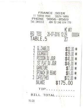 Receipt for lunch with actor Rhys Muldoon at France Soir, South Yarra.