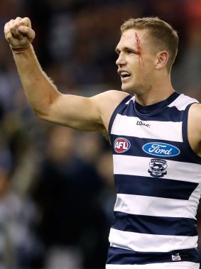Bloodied but unbowed: Geelong captain Joel Selwood picked up 7 votes in a bruising battle against North Melbourne.