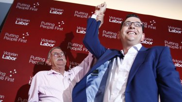Daniel Andrews on election night in 2014 with his father Bob.