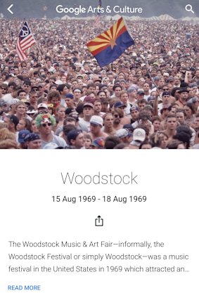 The Google Arts & Culture app offers, among many other things, a potted history of the Woodstock musical festival.