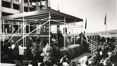 Sir Robert Menzies speaking at the laying of the foundation stone of the National Library on March 31, 1966.