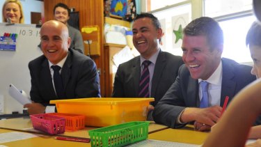 Education Minister Adrian Piccoli, Skills Minister John Barilaro (centre) and NSW Premier Mike Baird.