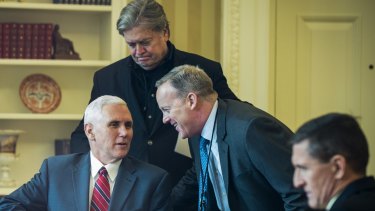 Chief of staff Reince Priebus, left, and chief strategist Stephen Bannon, back, met with Mr Hockey this month.