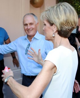"Welcome to Wentworth": Malcolm Turnbull leads Julie Bishop inside.