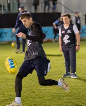 What an opportunity: Heath Linton gets a kick away during training.
