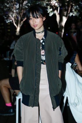 Margaret Zhang wearing a Dion Lee bomber at Australian Fashion Week in May.  