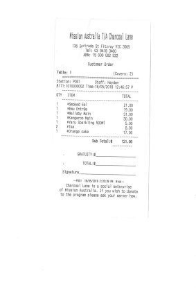 Receipt for lunch with Marcia Langton at Charcoal Lane.