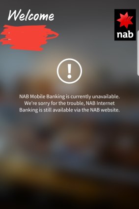 The error message offered by NAB's mobile banking service.