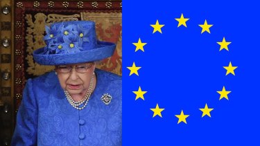 Queen Elizabeth's hat and the EU flag.