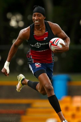 Running man: US men's sevens player Perry Baker during a training session at Leichhardt Oval.