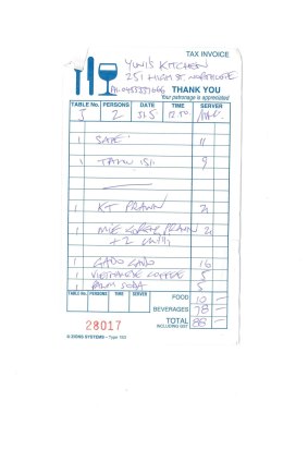 Receipt for lunch with Justin Heazlewood at Yuni's Kitchen, Northcote