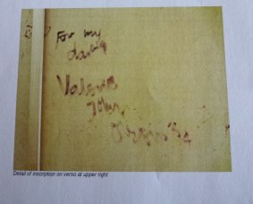 On the rear of the canvas is an inscription that reads: "For my darling Valerie, John Olsen '64".