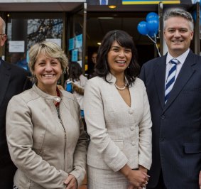 Jane Hiatt, left, with fellow candidate Jesssica Adelan-Langford and Finance Minister Mathias Cormann at her federal campaign launch this year.