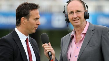 Tieless: Test Match Special commentators Jonathan Agnew (R) with Michael Vaughan.