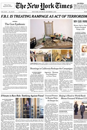 The front-page editorial of The New York Times on December 4, 2015.