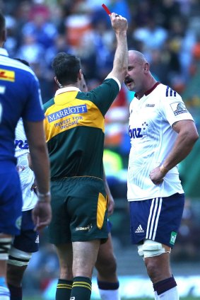 Seeing red: Blues lock Hayden Triggs is shown a red card by referee Craig Joubert in the 24th minute after punching Duane Vermuelen.