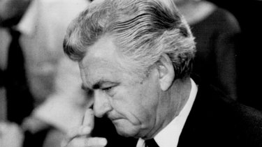 Bob Hawke breaks down during a press conference at Parliament House in September 1984.