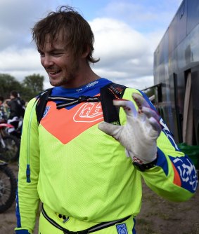 Psyched: Toby Price gets ready to race before Stage 12 of the 2015 Dakar Rally.