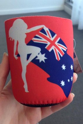 The stubby holder showing a naked woman with an Australian flag, given as a gift at a citizenship ceremony.
