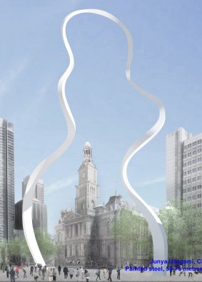 An artist's representation of <i>Cloud Arch</i> in front of Sydney Town Hall. 