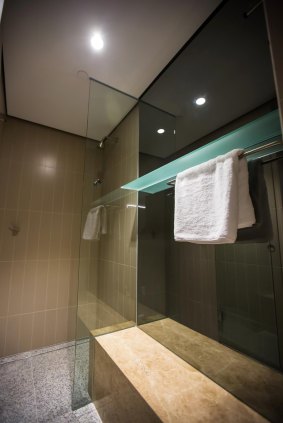 Showers feature splash-proof recharging outlets.