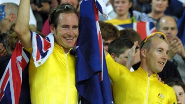 Scott McGrory and Brett Aitken win the men's madison at the Sydney Olympics.